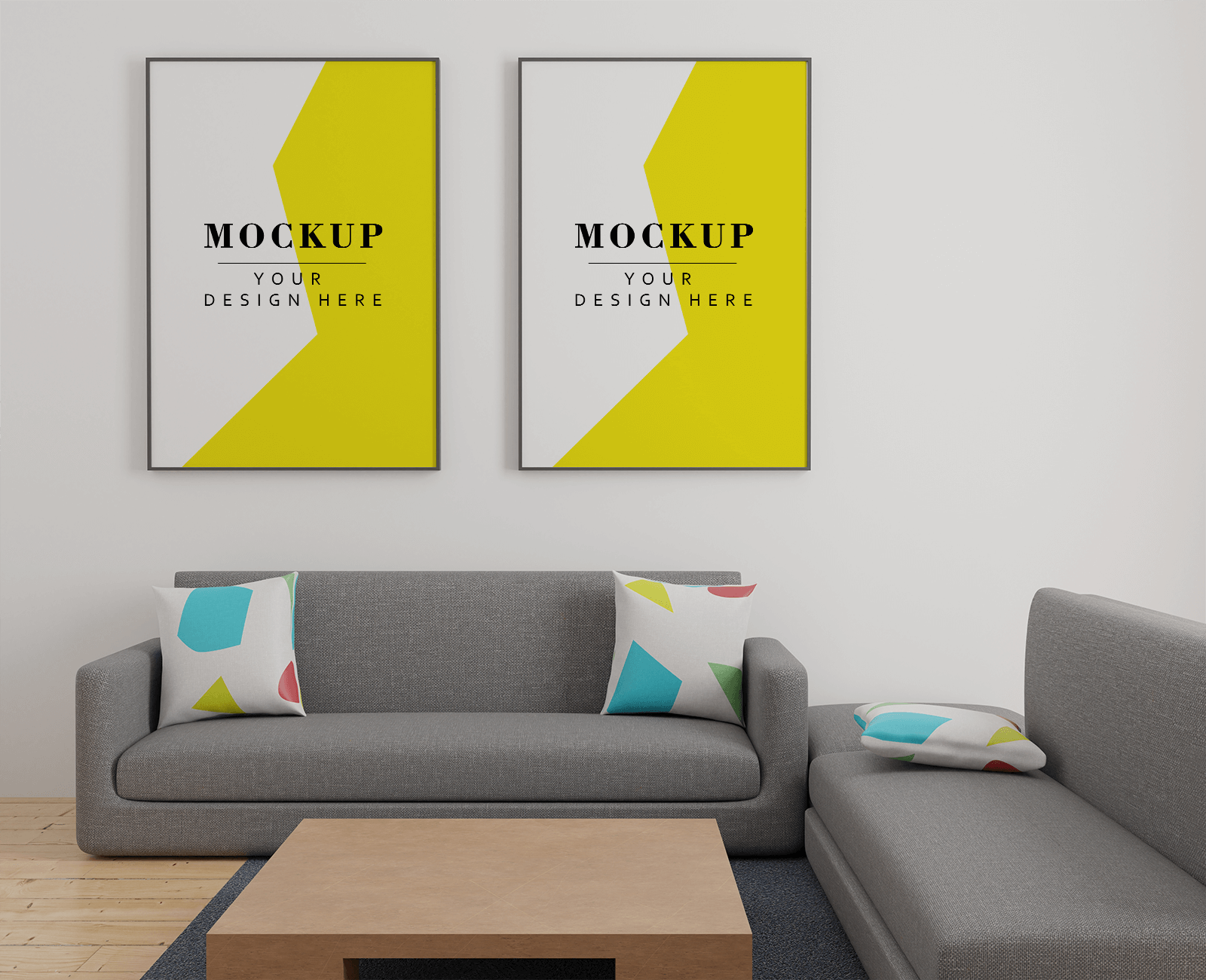 Free Two Poster Frames in Living Room Mockup