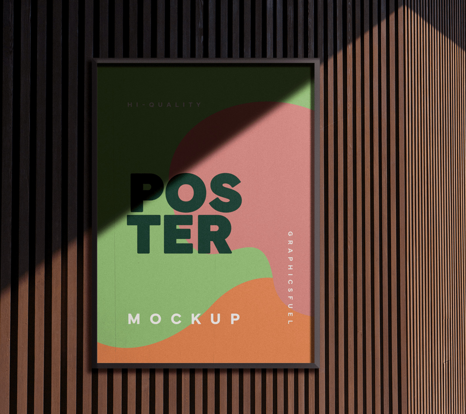 Free Framed Poster on a wooden Wall Mockup